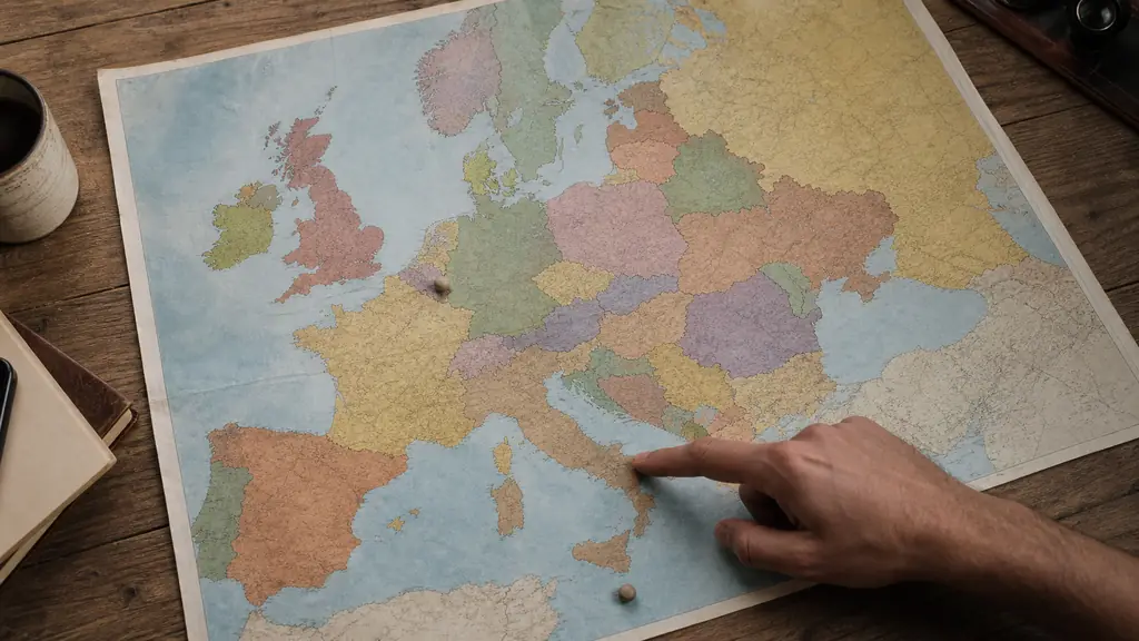 Overhead editorial photograph of a large colorful political map of Europe spread across a wooden desk, with a hand pointing at Italy and small markers placed on Luxembourg and Malta, no visible text or logos
