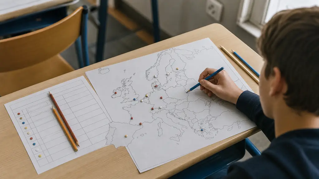 Editorial photograph of a student filling in a blank printable map of Europe at a desk, with colored pencils, small city dot markers and a country-capital matching table, no visible text or logos