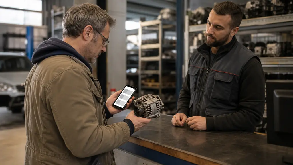 Customer at an approved vehicle recycling center comparing a used alternator reference with a smartphone displaying several quotes, mechanic beside a parts counter, no text, no logo