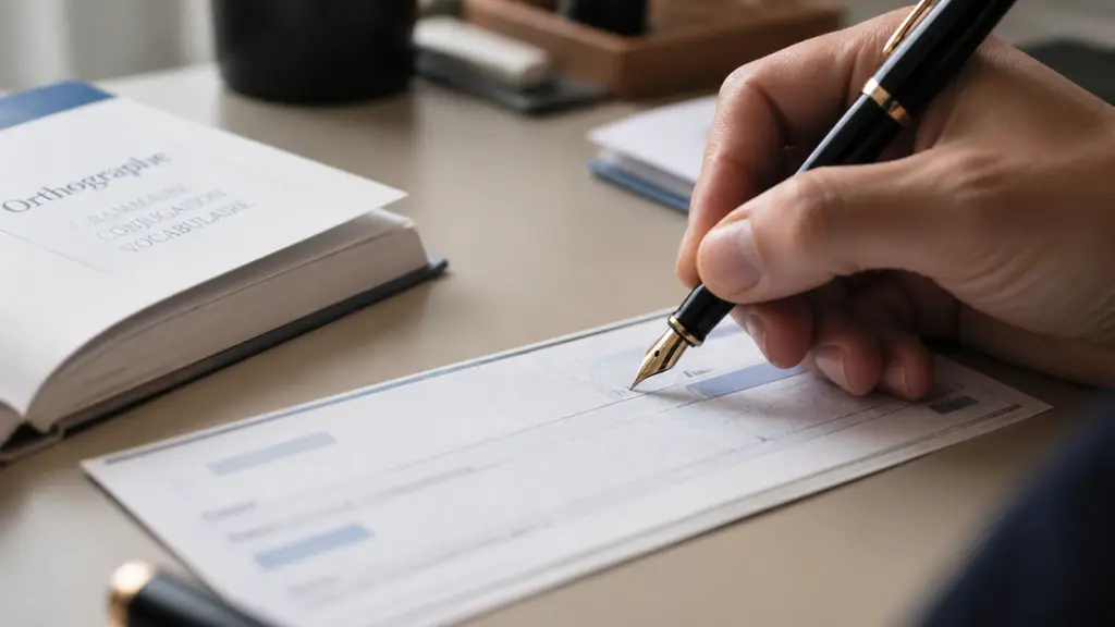 Editorial close-up photograph of a hand filling out a bank cheque with a fountain pen beside a French orthography handbook, focus on the amount line, no readable text, no logo