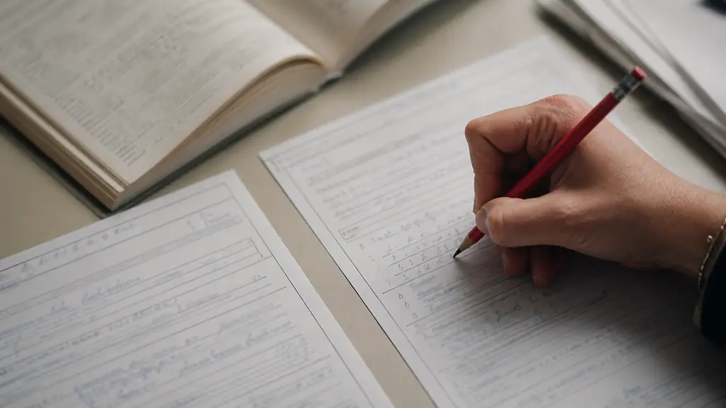 Editorial photograph of two draft administrative forms placed side by side, a red pencil adding hyphens to a handwritten number expression, French orthography handbook nearby, no readable text, no logo