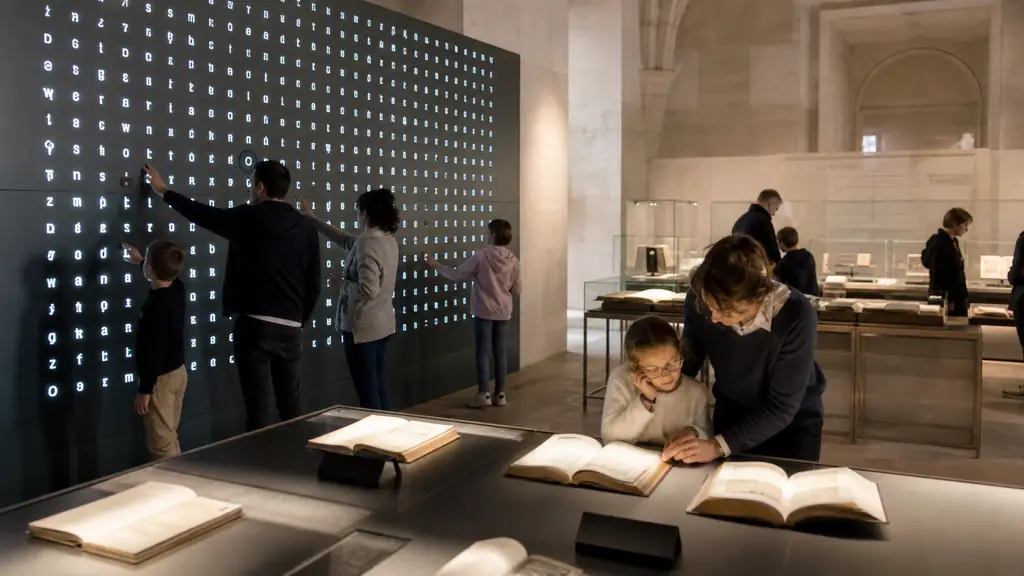 Visitors exploring the magical library with illuminated books and an interactive giant word-search display inside the Château de Villers-Cotterêts