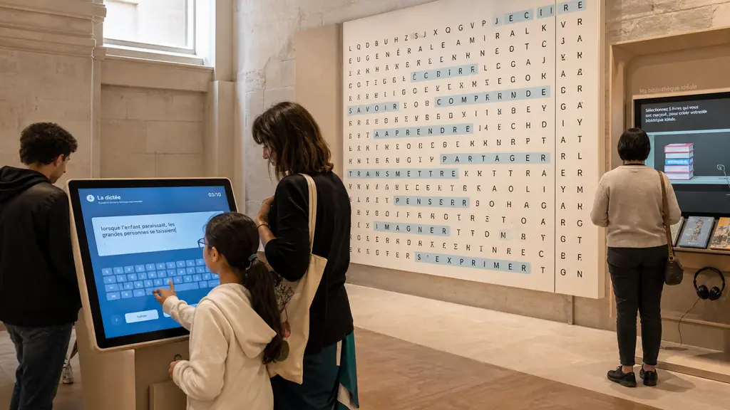 Visitors using an interactive dictation screen beside a giant word-search grid and a personalized reading station inside the Château de Villers-Cotterêts