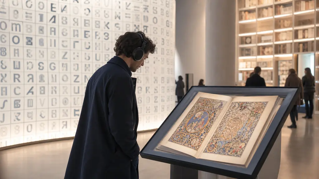 Visitor wearing headphones beside an interactive Renaissance manuscript display, with a giant word-search installation and softly illuminated magical library shelves in the background, editorial photography, no readable text, no logo