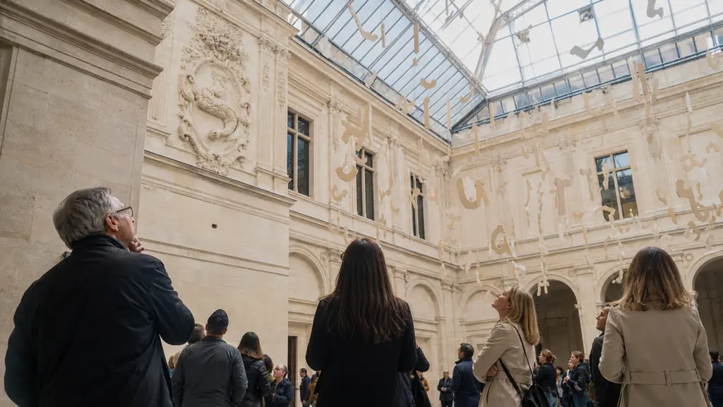 Visitors looking up at suspended words beneath the glass roof of the Jeu de Paume courtyard, with Renaissance stone carvings and a salamander emblem visible nearby, editorial photography, no readable text, no logo