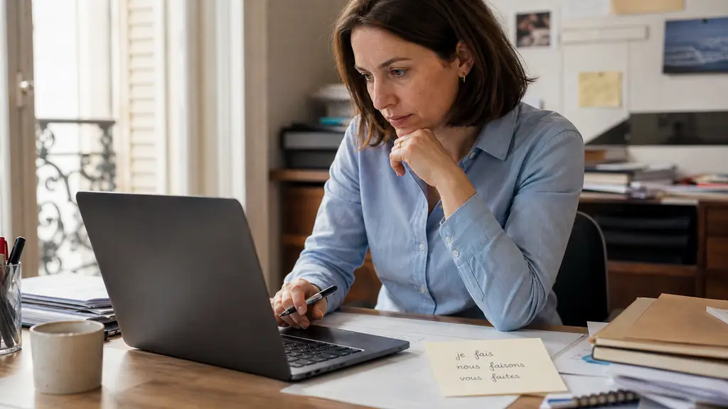 office worker proofreading an email on a laptop beside a handwritten note showing je fais, nous faisons and vous faites, realistic editorial photography, no text overlay, no logo