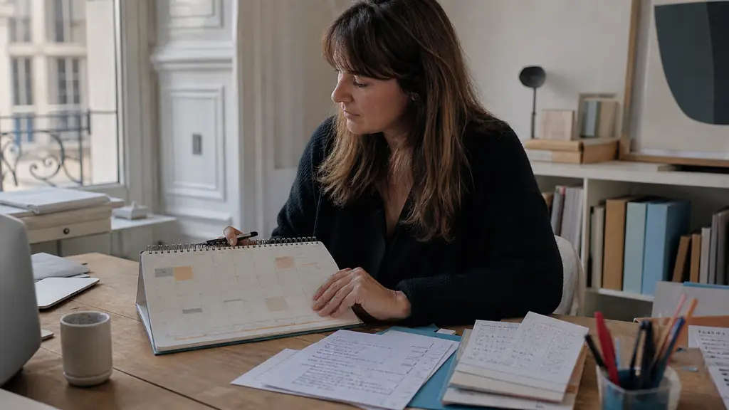 office employee reviewing a previous month desk calendar beside client meeting notes and a completed weekly report, realistic editorial photography, no text, no logo
