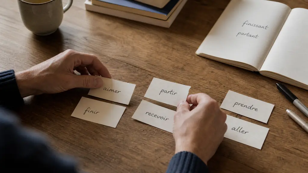 close-up editorial photograph of an adult learner sorting handwritten cards labeled aimer, finir, partir, recevoir, prendre and aller into three groups on a wooden desk, with a notebook showing finissant and partant, no logos