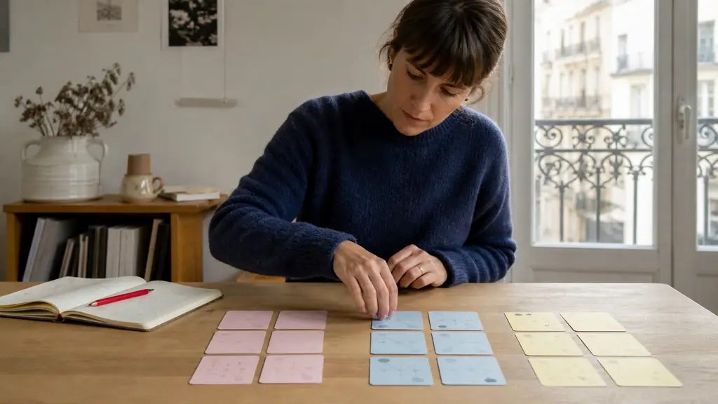 editorial photograph of an adult learner sorting three color-coded sets of six cards beside an open notebook and a red pen, with no readable text or logos
