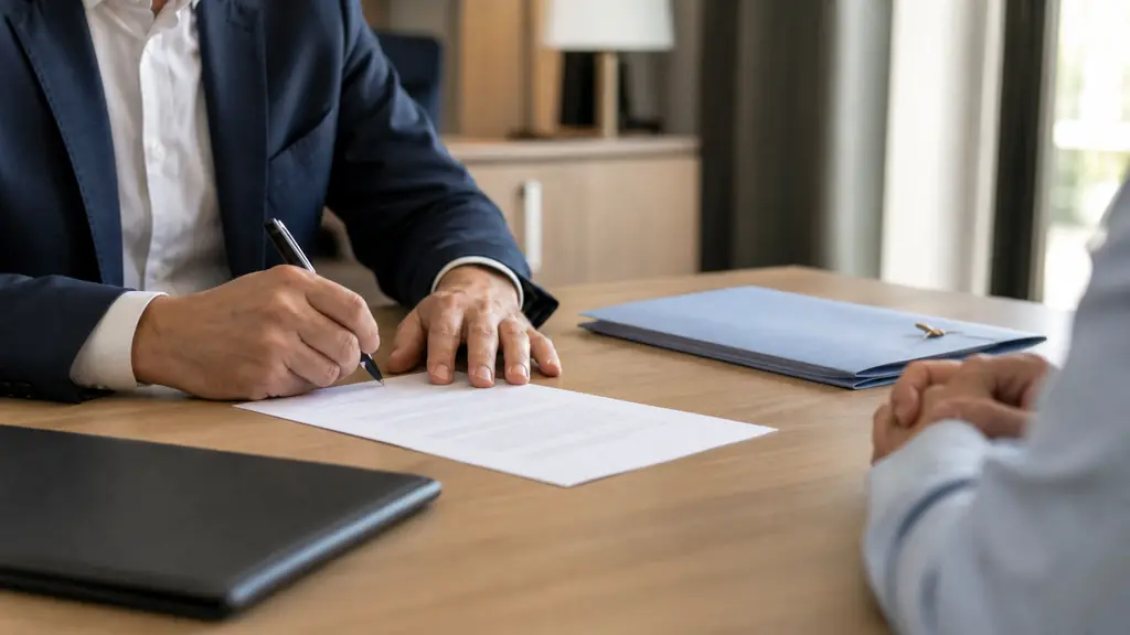Close-up editorial photograph of an employee signing a printed employment contract across a desk from an employer, with a pen and a termination notice folder visible, no text, no logo