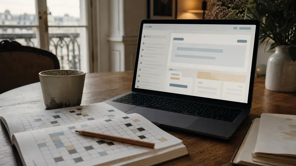Editorial photograph of a pencil beside a partially completed crossword grid, with highlighted crossing squares and an open laptop showing an abstract online dictionary interface, no readable text, no logo