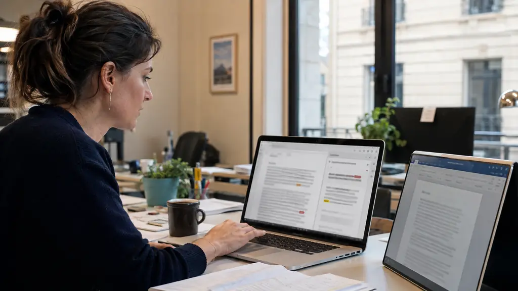 A French office worker pasting a client email into a correction field on a laptop, with a comma and an accented word visibly highlighted, a Word document open beside it, editorial photography, no readable text, no logo