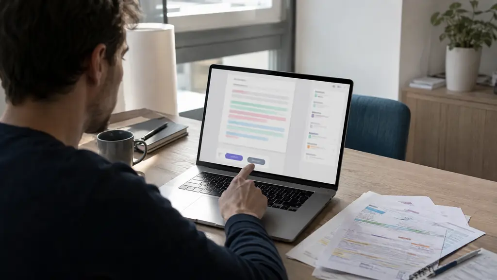 An office worker reviewing color-highlighted corrections on a laptop beside an imported Word document, one hand choosing between accept and ignore buttons, editorial photography, no readable text, no logo