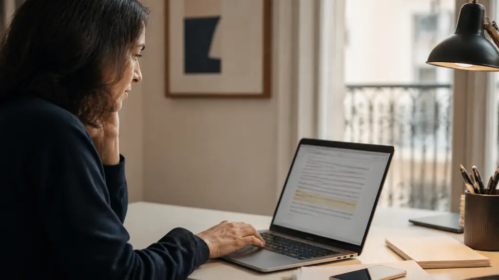 editorial photograph of a professional woman pasting an email into a correction field on a laptop, reviewing color-coded underlines with one hand on the trackpad, no readable text or logos