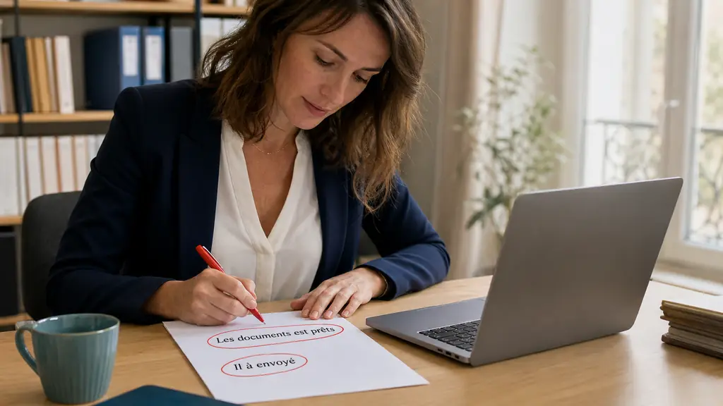 editorial photograph of a woman reviewing a printed business email beside a laptop, circling the phrases “Les documents est prêts” and “Il à envoyé” with a red pen, no logos