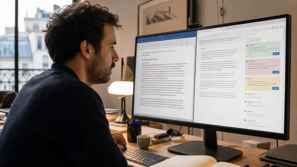 office worker comparing a corrected email in Microsoft Word with a grammar checker open in Chrome, red underlines and suggestion panel visible, no readable text or logos