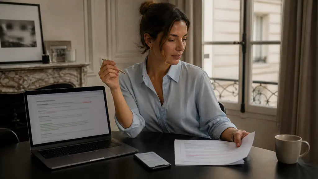 professional woman comparing a corrected business email on a laptop, a university paper beside it and a smartphone showing grammar suggestions, no readable text or logos