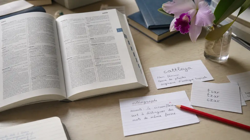Editorial photograph of an open French dictionary beside handwritten vocabulary cards showing a cattleya flower name and three spelling variants of tsar, with a red pencil marking a circumflex accent, no visible branding or logos
