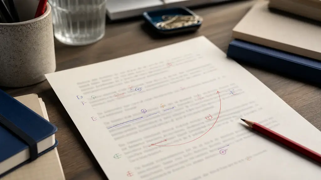 Editorial photograph of a professional email draft with unreadable text, a red pencil beside color-coded agreement marks, and handwritten arrows connecting a plural subject to a past participle, no visible branding or logos