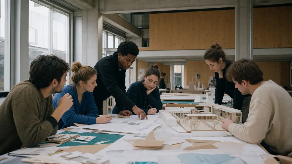 architecture students working around a scale model and technical drawings inside a project workshop at the Vaulx-en-Velin campus, natural daylight, editorial photography, no text, no logo