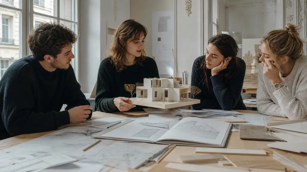 architecture student presenting a scale model during a small-group workshop, portfolio and geometric drawings open on the table, editorial photography, no text, no logo
