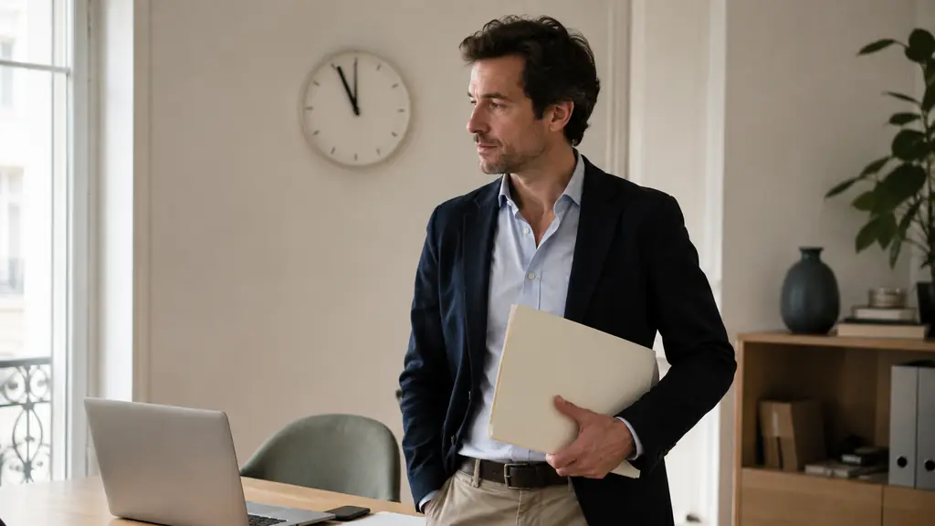 editorial photograph of an office worker beside a laptop, holding a paper folder ready for a client, with a wall clock approaching noon, no visible text or logos