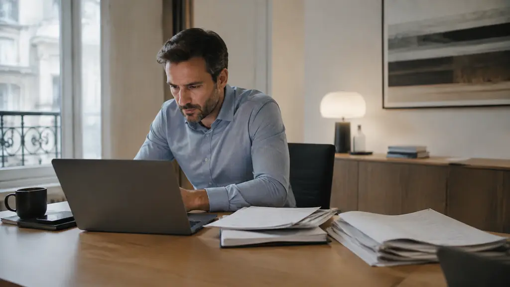 editorial photograph of an office worker checking an email with printed invoices and contract pages beside a laptop, no visible text or logos