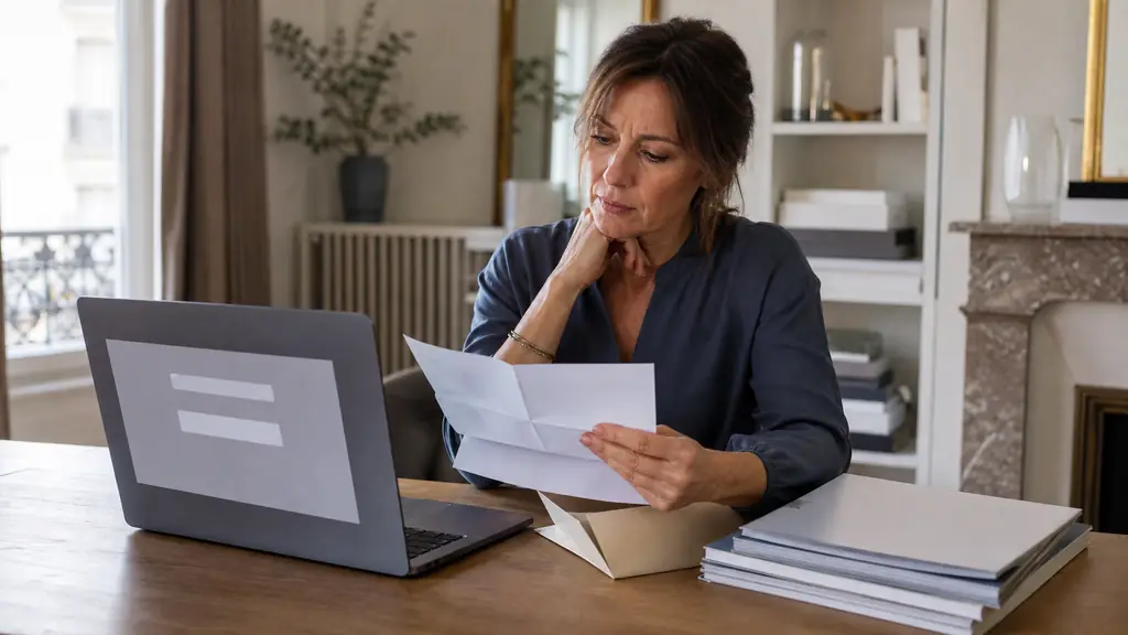 A woman at a home desk comparing an opened envelope containing provisional account details with a generic laptop sign-in form, beside a small stack of fashion and wine magazines with blank unbranded covers, natural editorial photography, no visible text or logos