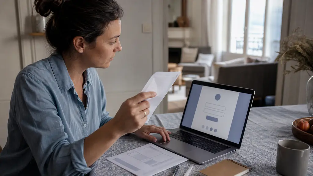 A woman carefully copying provisional credentials from a mailed letter into a laptop sign-in form, with an order confirmation and a password notebook beside her, natural editorial photography, no visible text or logos