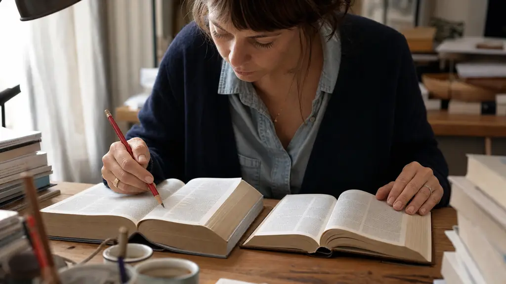 A French copy editor at a wooden desk comparing two open dictionaries and pointing with a red pencil to acute and grave accent marks, close-up editorial photograph, no readable text, no logos
