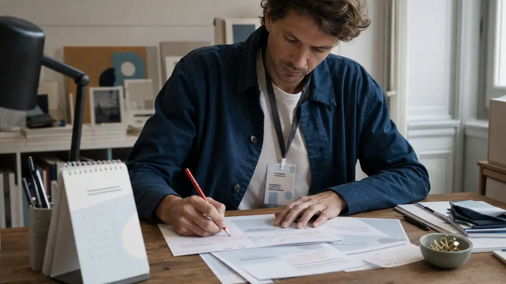 An office employee reviewing printed client event invitations beside a June desk calendar and a conference badge, with a red pencil marking corrections, editorial photograph, no readable text, no logos