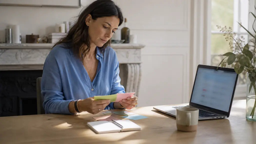 Professional woman at a desk reviewing color-coded study cards beside an open laptop displaying an unreadable email, with a notebook and pen, natural daylight, editorial photography, no visible text, no logo