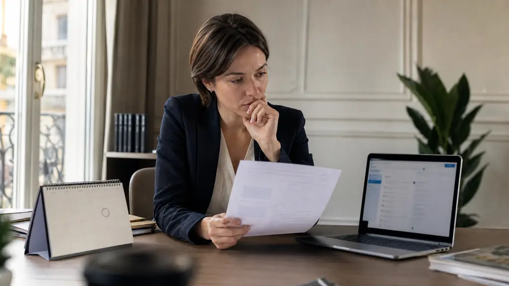 Professional woman comparing a desk calendar marked for tomorrow with a draft report and an unanswered email on a laptop, thoughtful gesture, natural office light, editorial photography, no visible text, no logo