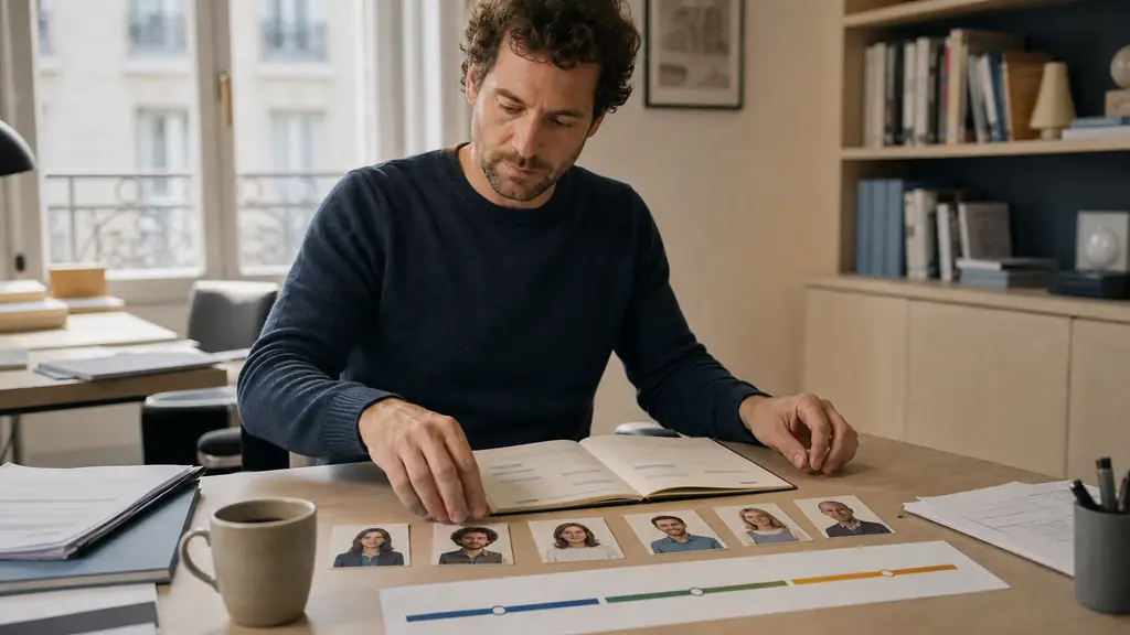 French office worker sorting six person cards beside a notebook divided into simple and compound tense columns, with a color-coded timeline for past present and future, editorial photography, no readable text, no logo