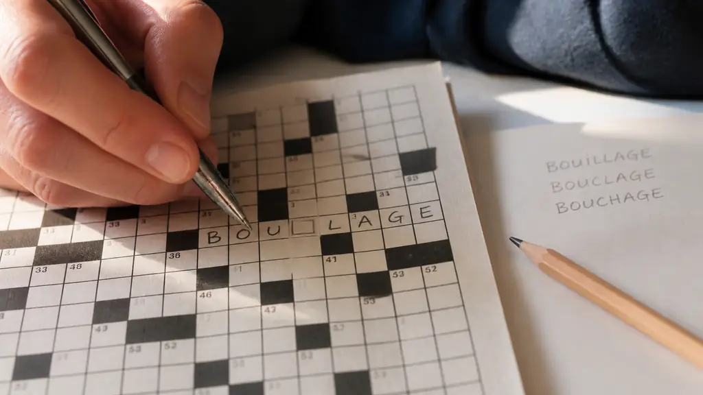 close-up editorial photograph of a hand checking the pattern B O U blank L A G E in a crossword grid, with a pencil beside three handwritten candidate words, no text overlay or logo