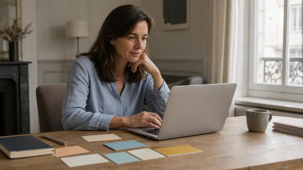 Adult career changer working at a laptop on a freelance writing portfolio, with color-coded planning cards and a French grammar handbook on the desk, editorial photography, no visible text or logos