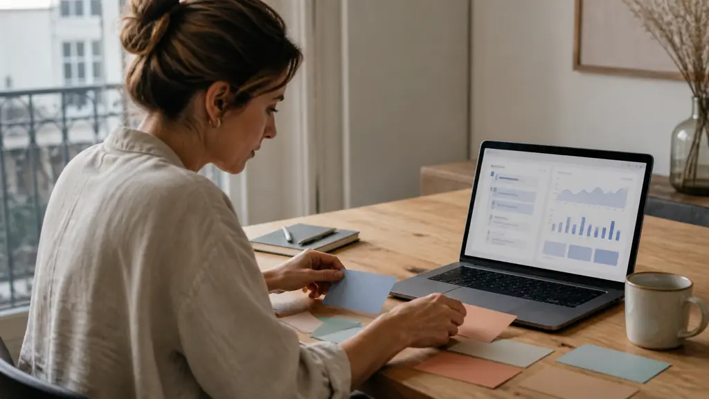 Web editor arranging colored keyword cards beside a laptop displaying an analytics chart and a WordPress article hierarchy, editorial photography, no visible text or logos