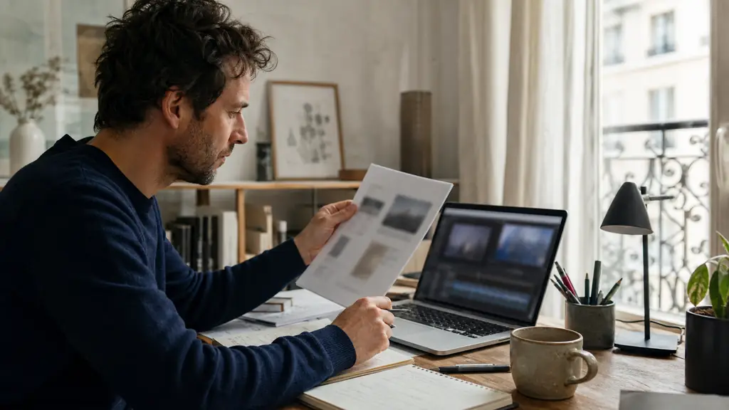 Editorial photograph of a freelance writer reviewing a printed product sheet beside an open laptop displaying a blog draft and a subtitled video timeline, natural office light, no visible text or logos