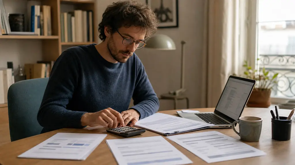 Editorial photograph of a freelance writer comparing a calculator, a printed SEO article brief and three pricing estimates beside a laptop, natural office light, no visible text or logos