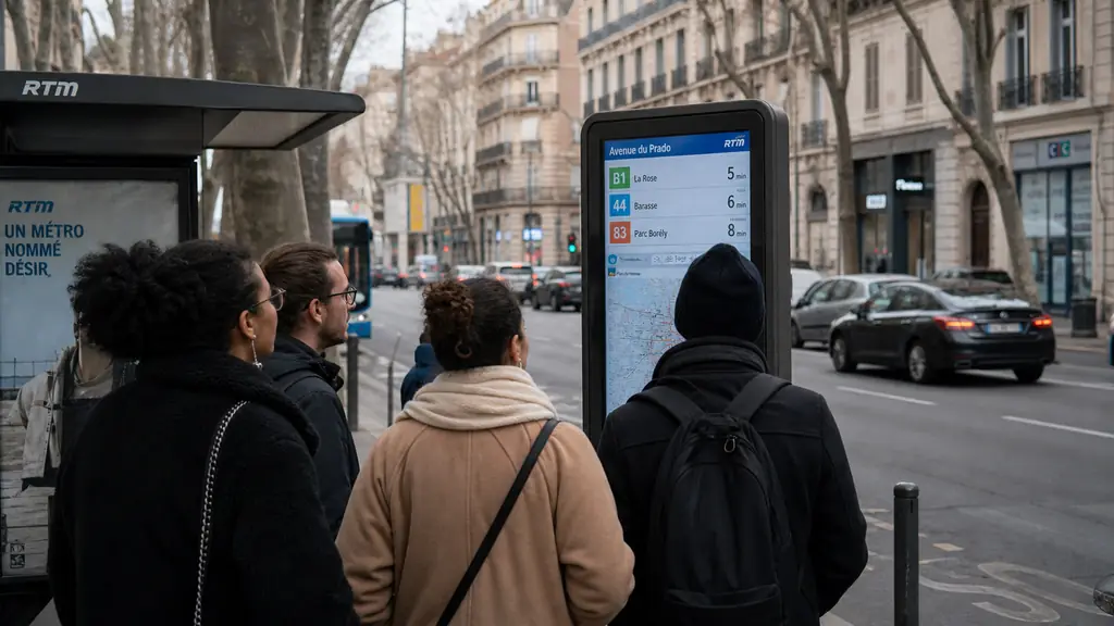 commuters checking a RTM information display beside a bus stop on Avenue du Prado, with slow car traffic in the background