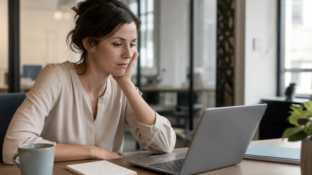 editorial photo of a woman at an office desk reviewing an email on a laptop, with a small handwritten conjugation note beside the keyboard, a blue notebook, and a coffee mug, natural light, no visible text or logos