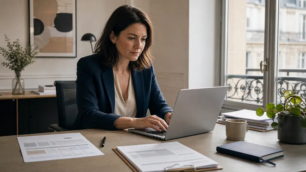 editorial photo of a professional woman drafting an email at her desk, with a printed meeting note showing a date and time, an open laptop, and a document clipped with an invoice reminder, natural office light, no visible text or logos