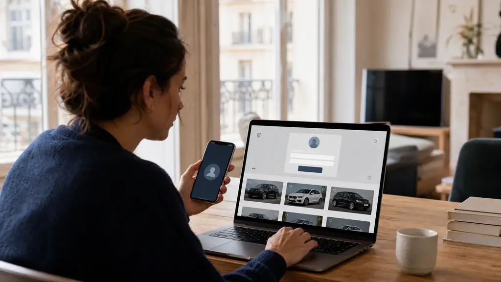 woman using a laptop opened to a car marketplace login interface while holding a smartphone showing the account icon, with saved vehicle listings visible nearby, no text, no logo