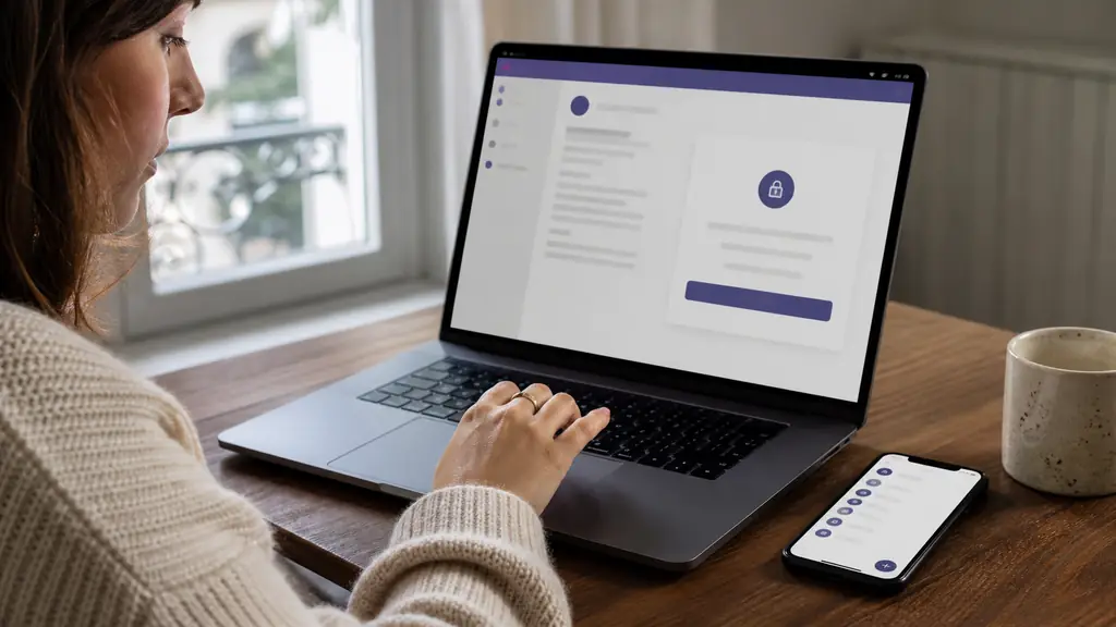 close-up photograph of a woman opening a password reset email on a laptop beside a smartphone displaying an account login screen and a password manager, no text, no logo