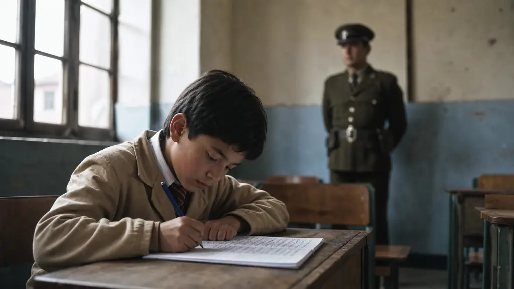 Chilean schoolboy seated at a classroom desk writing a composition, a uniformed officer standing in the background, tense 1970s school atmosphere, editorial photography, no text, no logo