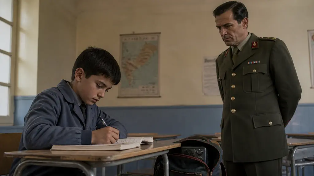 Chilean schoolboy writing at a classroom desk while a uniformed military officer watches, a small radio partly hidden inside the boy's schoolbag, tense editorial photography, no text, no logo