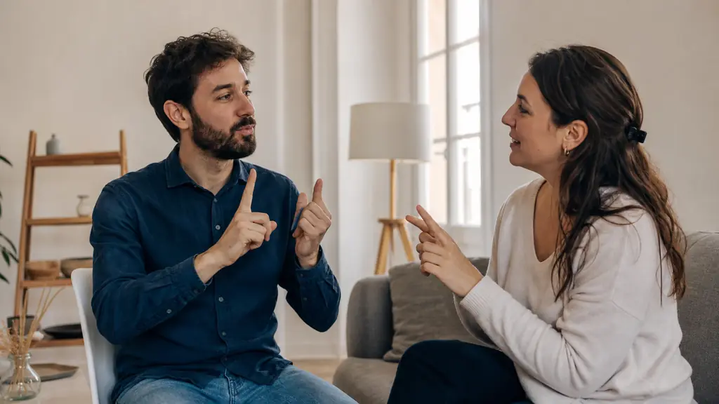 Two deaf adults conversing face to face in French Sign Language, one spelling a proper name with finger positions while the other watches, expressive faces and clearly visible upper-body gestures, natural indoor light, editorial photography, no text, no logo