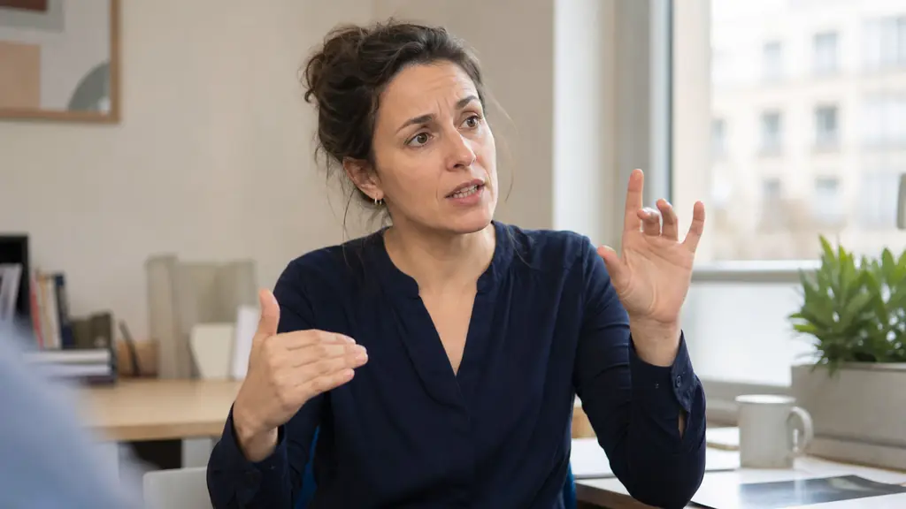 Deaf woman signing a future client meeting, first indicating tomorrow and then placing the office and two people in space, precise gaze direction and questioning facial expression, editorial photography, natural indoor light, no text, no logo