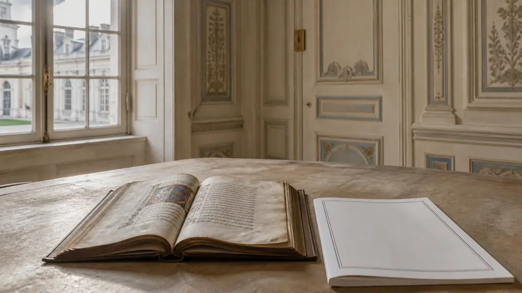 Editorial photograph inside the Château de Villers-Cotterêts showing an open medieval manuscript beside a printed page of the French Constitution, natural window light, no visible text or logo