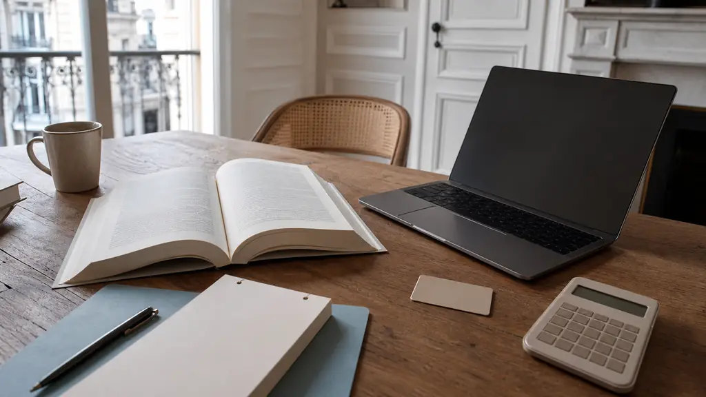 Editorial photograph of a desk with an open French dictionary, a plain bank card, a weekend calendar and a calculator beside a laptop, natural daylight, no visible text or logo